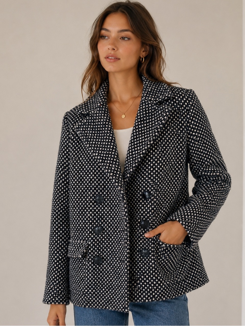 Alice + Olivia Black & White Textured Tweed Double-Breasted Jacket Blazer SP